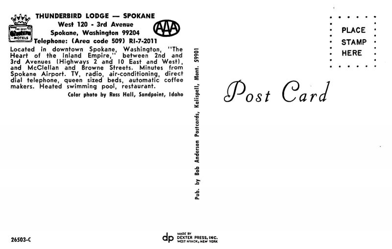 Thunderbird Lodge at Night West 120 Spokane Washington postcard