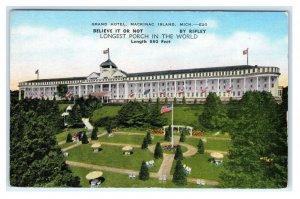 MACKINAC ISLAND, MI ~ Longest Porch in World GRAND HOTEL c1940s Linen Postcard