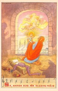 Christmas Greetings Nativity Scene Angels Music Notes Vintage Postcard AA72105
