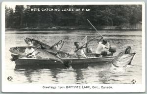 BAPTISTE LAKE ONT. CANADA EXAGGERATED FISHING VINTAGE REAL PHOTO POSTCARD RPPC