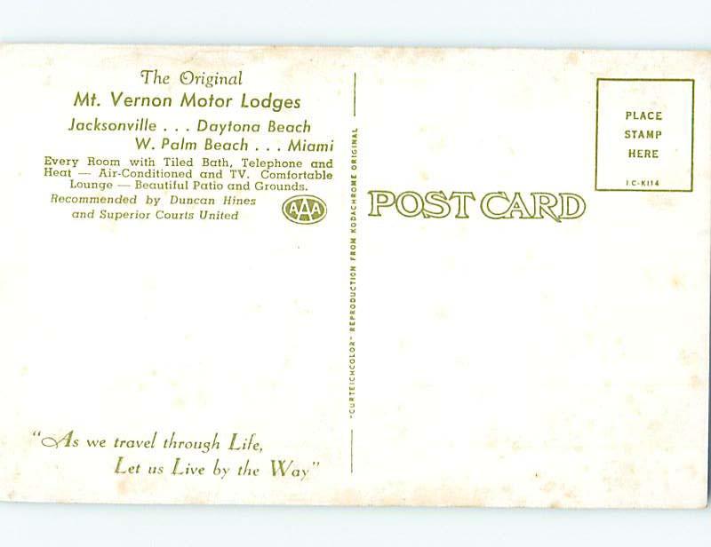 Pre-1980 MOUNT VERNON MOTEL Jacksonville & Daytona & West Palm Beach FL AD8841