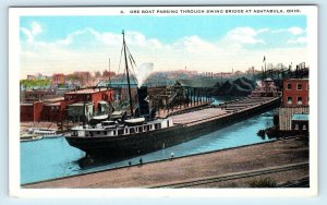 ASHTABULA, OH Ohio~ ORE BOAT Passing Through SWING BRIDGE c1920s Postcard