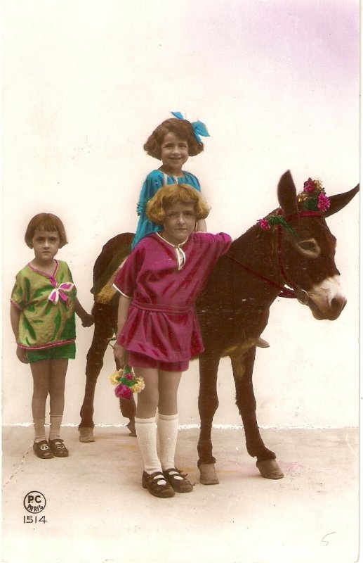 Little children with a donkey Old vintage French postcard