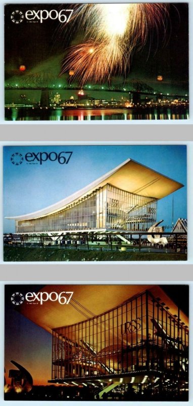 3 Postcards MONTREAL EXPO 1967 ~ Fireworks & Day/Night SOVIET UNION PAVILION