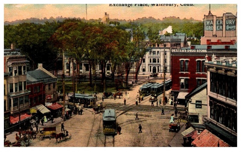 Connecticut Waterbury , Exchange Place , Dexters Drug Store , Trolley on track