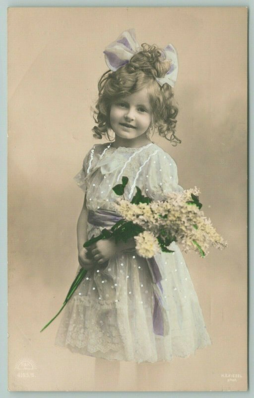 Color RPPC Adorable Girl Holds Bouquet~Chiffon Dress~Embossed Dots, Stripes 1910 