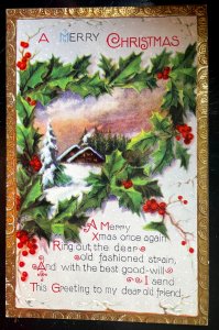 Vintage Victorian Postcard 1901-1910 A Merry Christmas - Holly, Poem