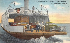 THE MANATEE AT BEE LINE FERRY PINELLAS POINT FLORIDA SHIP CARS POSTCARD (1940s)