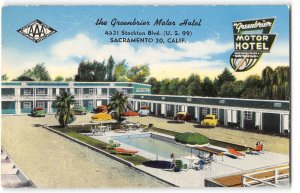 GREENBRIER MOTOR HOTEL Sacramento, CA Highway 99 Roadside '50s Vintage Postcard