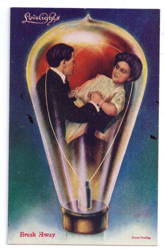 Lovelights Romance Couple Break Away Lightbulb Vntg 1900s Victorian Postcard