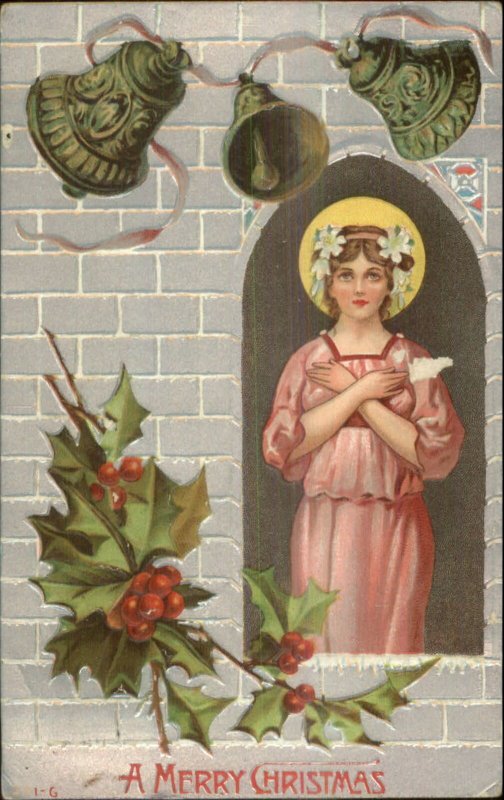 Christmas - Beautiful Woman Holly Berries Bells 291-G c1910 Postcard