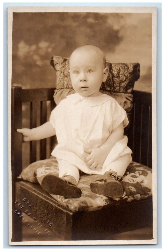 c1930's Baby Toddler Sat On Chair Studio Portrait Akron OH RPPC Photo Postcard