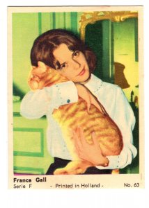 France Gallo,  Vintage Arcade Trading 2 X 3 Inch Card, Singer with Her Cat