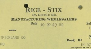 1949 Rice Stix St. Louis Mo. Manufacturing Wholesalers Blankets Invoice 306