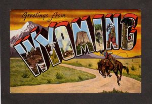 WY Greetings From Wyoming Horse Cowboy Large Letter Linen Postcard
