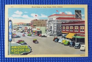 Vintage 1940's Broad Street at Court House Globe AR Arizona Linen Postcard