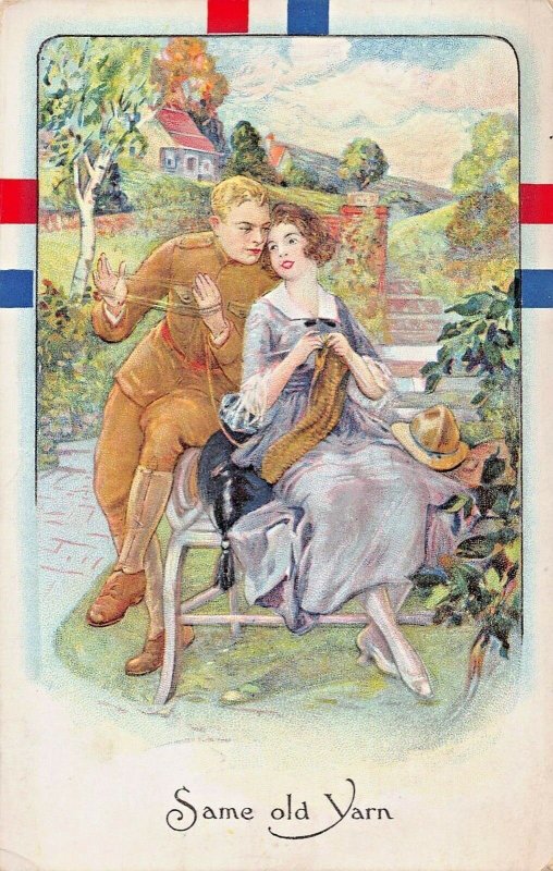 SAME OLD YARN-SOLDIER WHISPERING TO BEAUTIFUL WOMAN~1919 WW1 ROMANCE POSTCARD