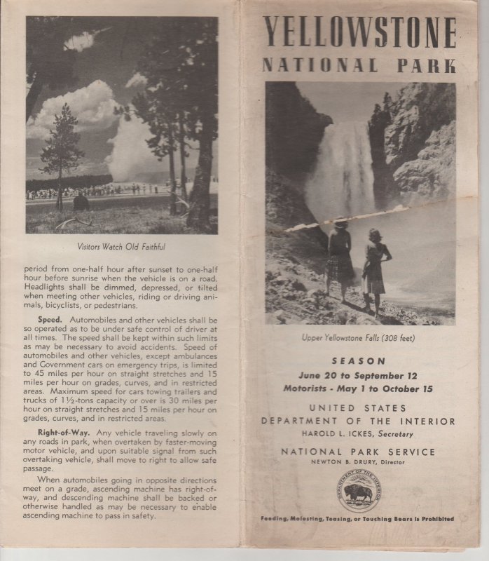 1930s/1940s Yellowstone Map, Black and White, Warning About Bears