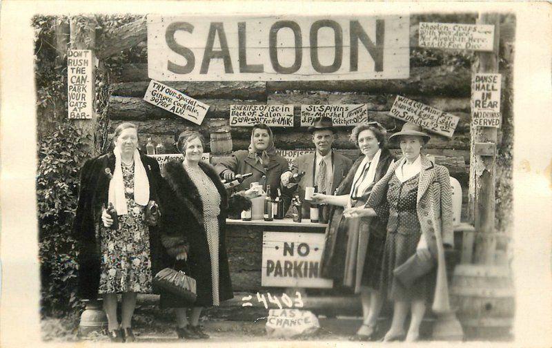 1930s Hot Springs Arkansas Saloon Group Photo Humor Signage RPPC postcard 9 