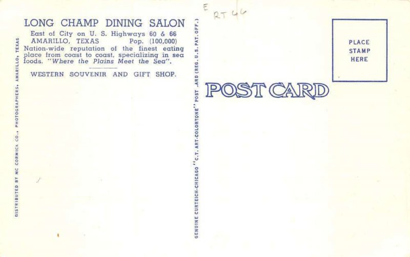 Amarillo Texas Long Champ Dining Salon Route 66 Vintage Postcard AA83020