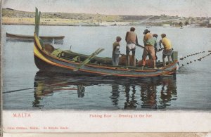 Malta Fishing Boat Ship Drawing In The Net Antique Postcard