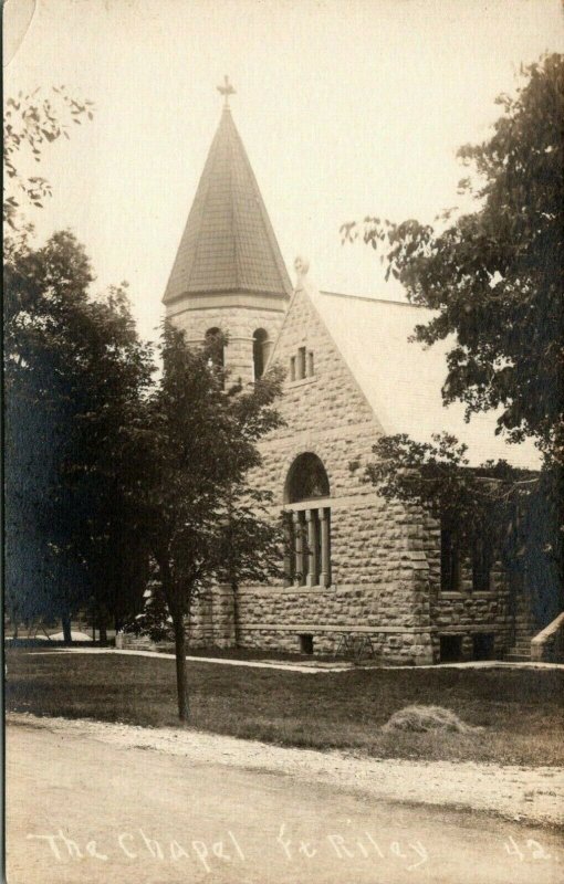 Ft Riley Kansas~Stone Chapel on Military Base~WWI Training Site~c1914 RPPC 