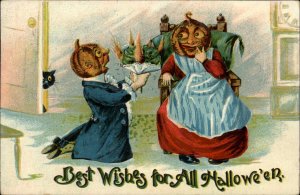 Halloween JOL Head Romance Man on Bent Knee Series 2273 c1910 Postcard