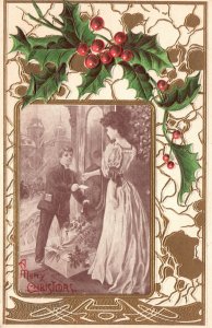 Vintage Postcard 1910 Merry Christmas Couple Man & Lady Holly Berries Greetings