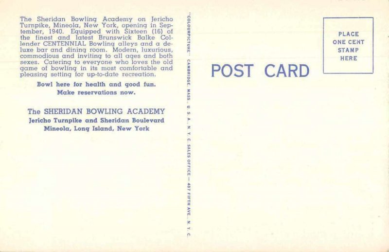 Mineola New York Sheridan Bowling Academy Jericho Turnpike Postcard JJ658878
