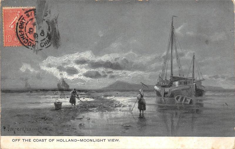 BR40097 off the coast of holland moonlight ship netherland   Netherlands