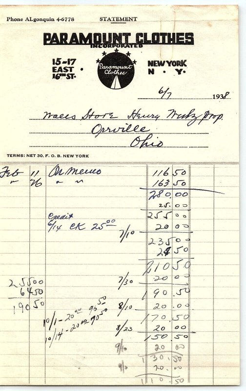 1938 PARAMOUNT CLOTHES NEW YORK NY STATEMENT BILLHEAD INVOICE Z2497