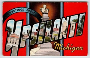 Greetings From Ypsilanti Michigan Large Big Letter Postcard Linen Statue Kropp