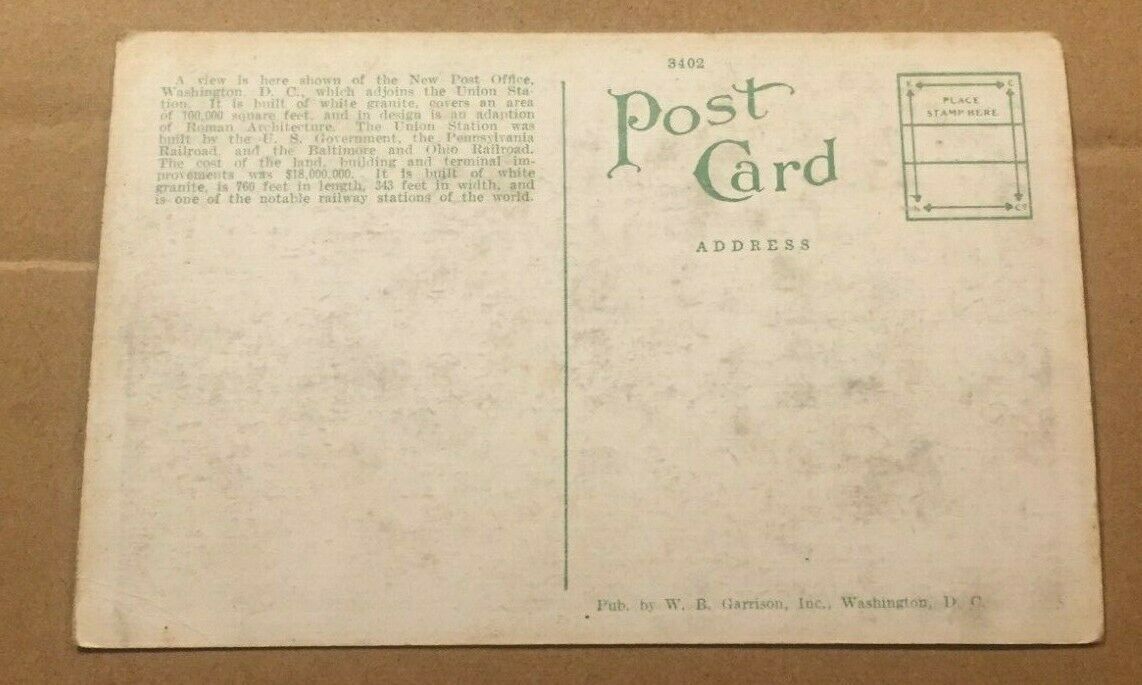 Vintage Unused Postcard New Post Office & Union Station, Washington D.C