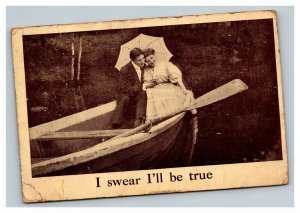 Vintage 1909 Photo Postcard Man & Woman Embracing Romantic in Row Boat
