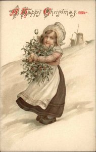 Nister Christmas Little Dutch Girl Gathering Mistletoe c1910 Postcard