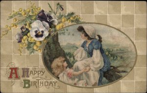 Winsch Birthday Art Nouveau Children Pansies Border Silk Fabric c1910 Postcard