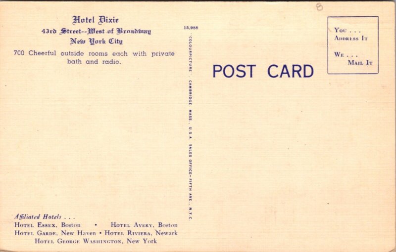 Linen Postcard Plantation Room, Circle Bar and Terrace Hotel Dixie New York City
