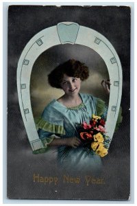 Portland Oregon OR Postcard New Year Pretty Woman Flowers Horseshoe 1915 Antique