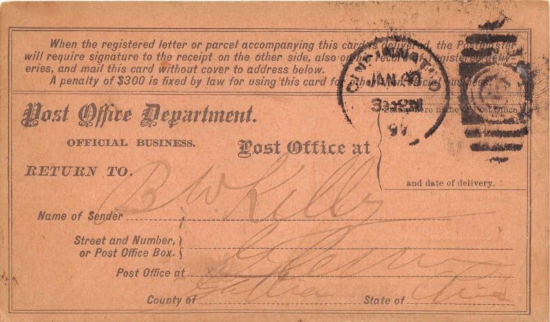 POSTAL REGISTERED ARTICLE RECEIPT~ POSTCARD 1897 CINCINNATI OHIO