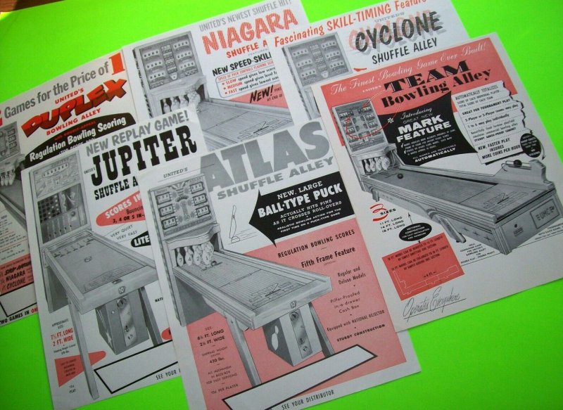 Arcade Game FLYERS Lot Of 6 United Shuffle Bowling Alley Vintage Ephemera 1958