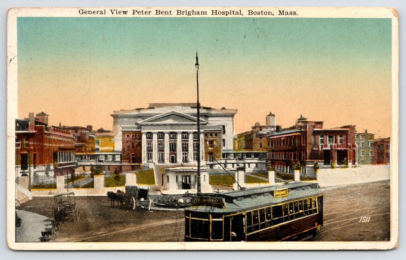 Boston MA Trolley to Subway Passes Brigham Hospital~Tiny Wagon in Front of Buggy