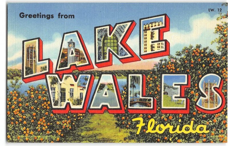 LAKE WALES, FLORIDA Large Letter Linen Greetings Polk Co. '40s Vintage Postcard