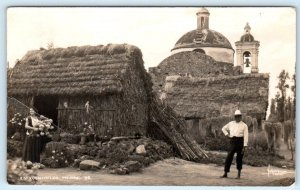 RPPC XOCHIMILCO, Mexico ~ Village Scene THATCHED ROOFS & CHURCH 1938 Postcard 