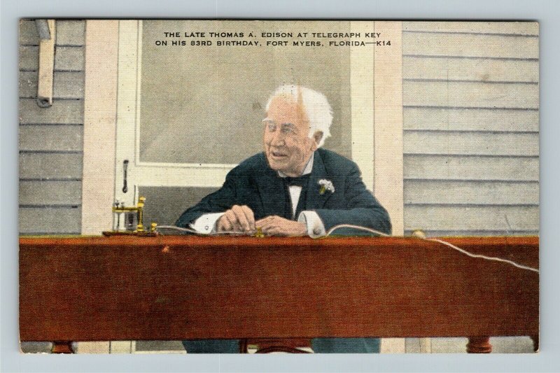 Fort Myers FL-Florida, Thomas Edison At Telegraph Key Vintage Linen Postcard 