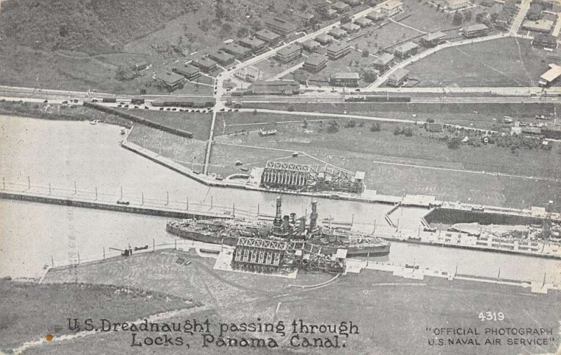 Canal Zone Panama US Dreadnaught passing through Locks Vintage Postcard AA20615