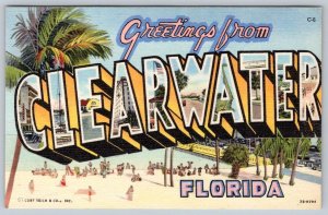 1940-50's GREETINGS FROM CLEARWATER FLORIDA VINTAGE LARGE LETTER LINEN POSTCARD