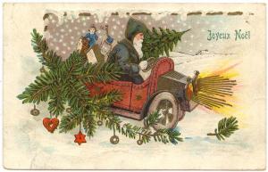 Christmas Greetings PC, Santa,  Old Car, Gray Coat 1910