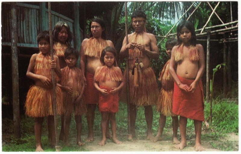 Peru Yagua Indian Chief and Family at Jessonia Rio Amazonias 1970s Postcard