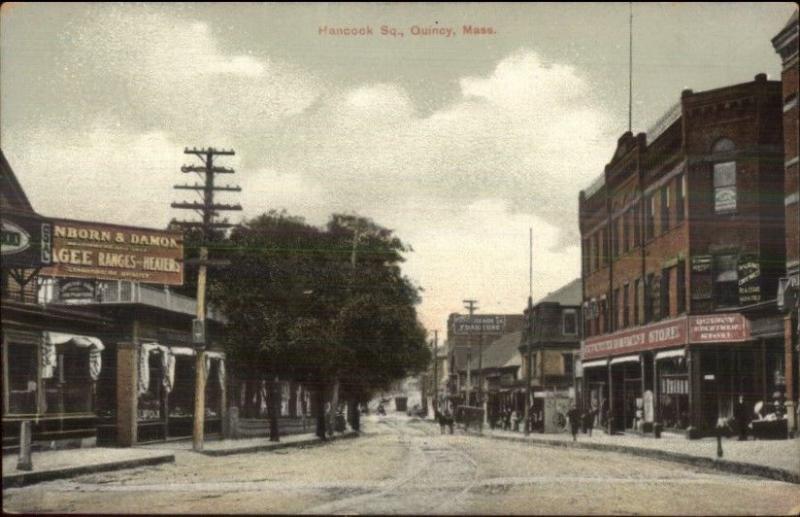 Quincy MA Hancock Square Visible Store Signs c1910 Postcard