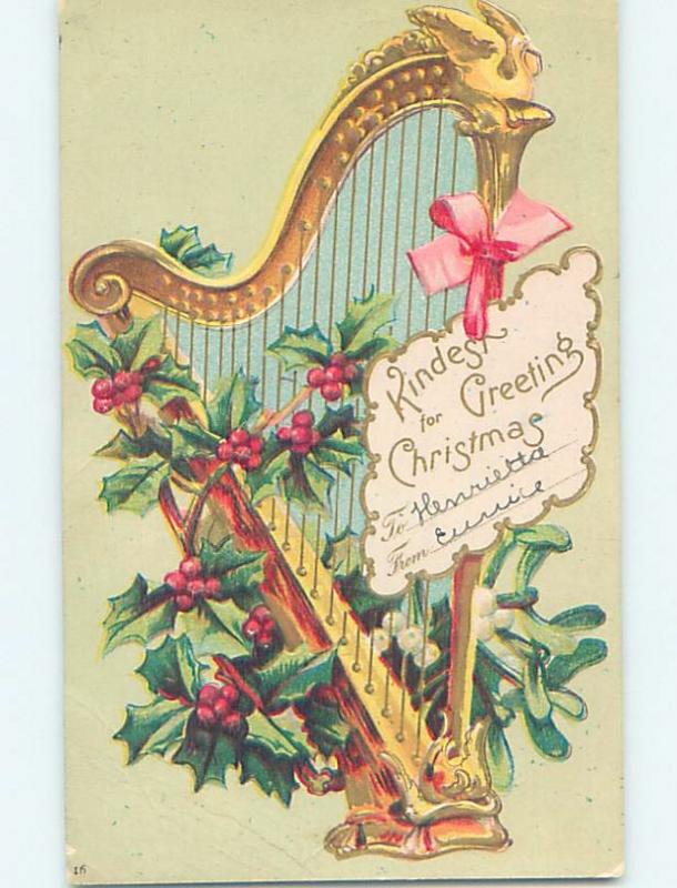 Pre-1907 christmas LARGE HARP WITH HOLLY AND PINK RIBBON - MUSIC ho3984